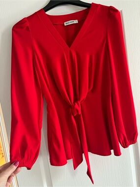 Grace Karin V-Neck Red Tie-Front Long Sleeve Blouse